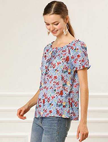 Allegra K Blusa Floral Decoración De Pajarita Cuello De Barco con Volantes Manga Corta Raglán para Mujeres Azul M