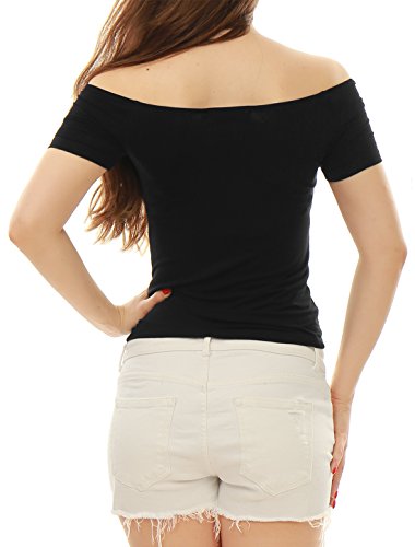 Allegra K Blusa Top Corto Ajustado Mangas Cortas Fuera del Hombro para Mujer Negro XS