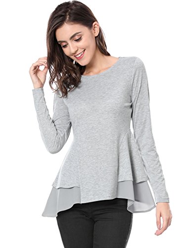 Allegra K Blusa Top para Mujer Cuello Redondo Panel con Volantes De Gasa Mangas Largas - Gris/XS (US 2), XS (EU 32)