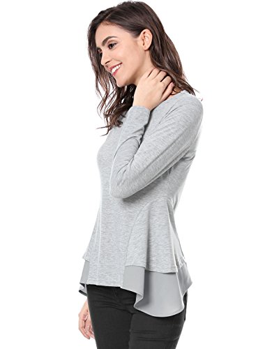 Allegra K Blusa Top para Mujer Cuello Redondo Panel con Volantes De Gasa Mangas Largas - Gris/XS (US 2), XS (EU 32)