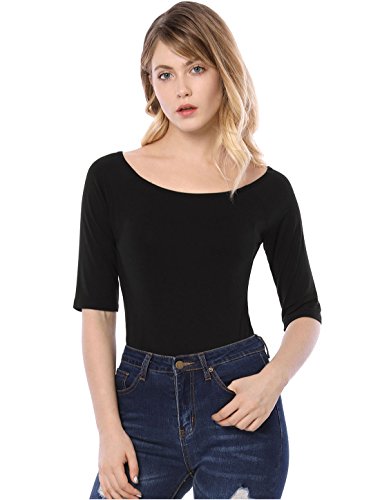 Allegra K Camiseta Medias Mangas con Cuello Redondo Ajustado Blusa para Mujer Negro S