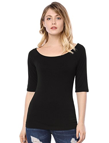 Allegra K Camiseta Medias Mangas con Cuello Redondo Ajustado Blusa para Mujer Negro S