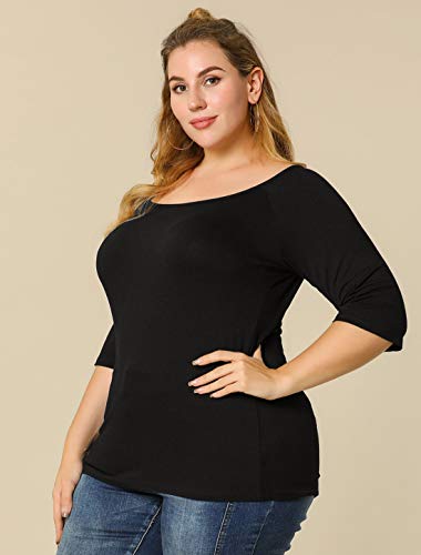 Allegra K Camiseta Medias Mangas con Cuello Redondo Ajustado Blusa para Mujer Negro S