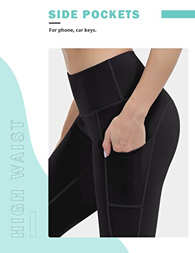 ALONG FIT Mujer Capri 3/4 Leggings Deporte Tiras Reflectantes Mallas con Bolsillos Alta Cintura Mallas Adelgazantes Compresion Pantalon Deportivo Largo para Gym Yoga Ciclista Moldeador Negro XL