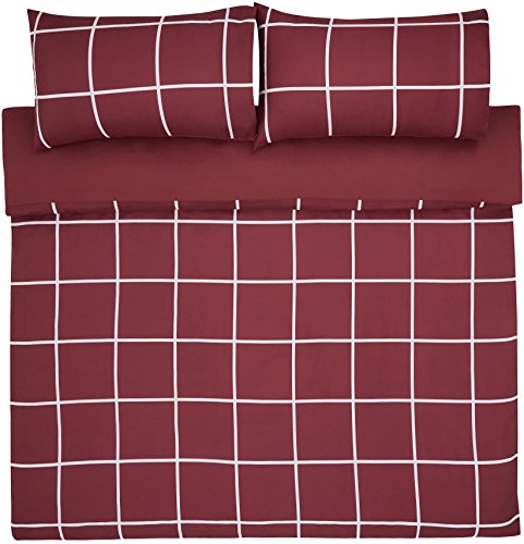 Amazon Basics - Juego de funda nórdica de microfibra ligera de microfibra, 260 x 220 cm, Burdeos a cuadros (Burgundy Simple Plaid)