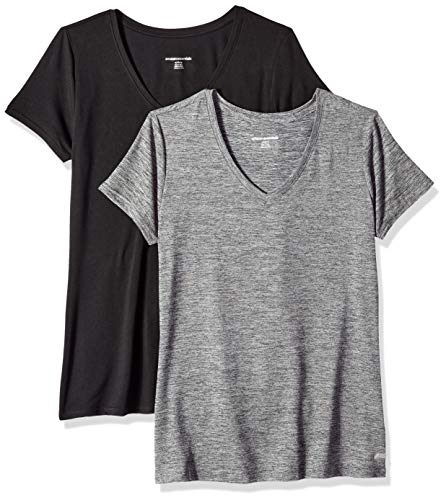 Amazon Essentials 2-Pack Tech Stretch Short-Sleeve V-Neck T-Shirt Athletic-Shirts, Space Dye Negro, US M (EU M - L)