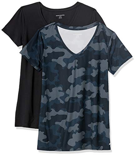 Amazon Essentials 2-Pack Tech Stretch Short-Sleeve V-Neck T-Shirt Fashion-t-Shirts, Camuflaje Negro/Gris, XS, Pack de 2