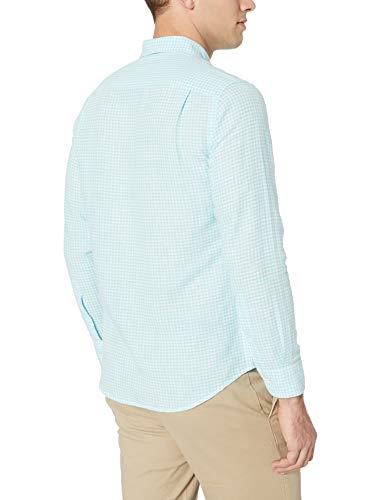 Amazon Essentials - Camisa de lino con manga larga, corte entallado y estampado para hombre, aguamarina (Aqua Gingham), US S (EU S)