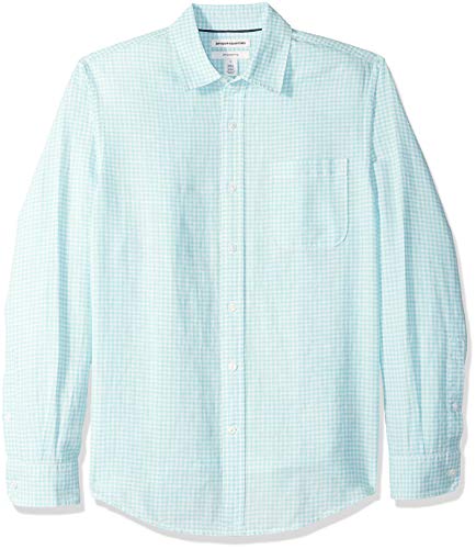 Amazon Essentials - Camisa de lino con manga larga, corte entallado y estampado para hombre, aguamarina (Aqua Gingham), US S (EU S)