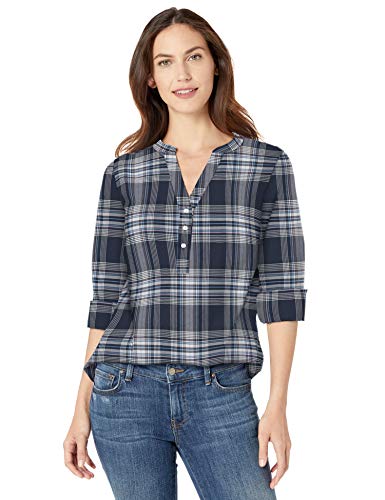 Amazon Essentials - Camisa de manga larga de algodón para mujer, Índigo (Indigo Plaid), US M (EU M - L)