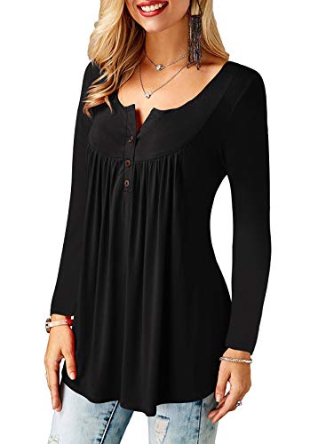 Amoretu Top Blusa Mujer Manga Larga Negro Delgado Color Sólido Camisa Cuello en V Botones Blusa L