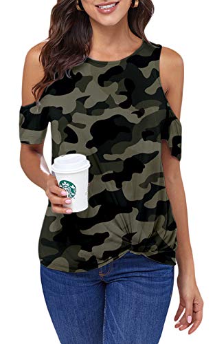 Ancapelion Cold Shoulder - Camiseta de manga corta para mujer, elegante, informal, para verano, cuello redondo con nudos camuflaje -1 S