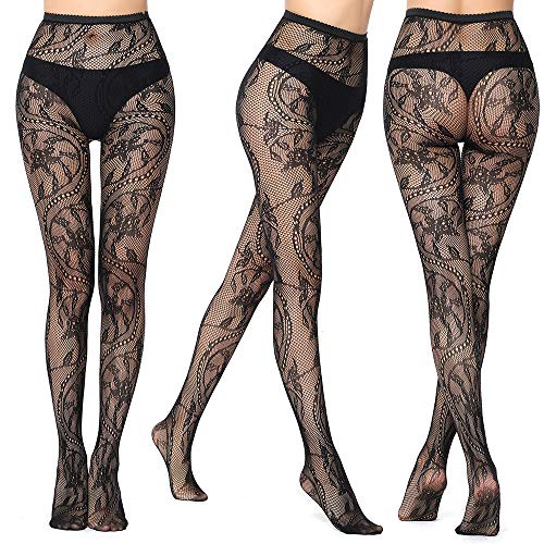 ANDIBEIQI 4 Pack Mujer Pantimedias Semi Medias Negras Dibujos Florales Rayas Corazones Costura Pantimedias Semi Opacas Rejillas negro