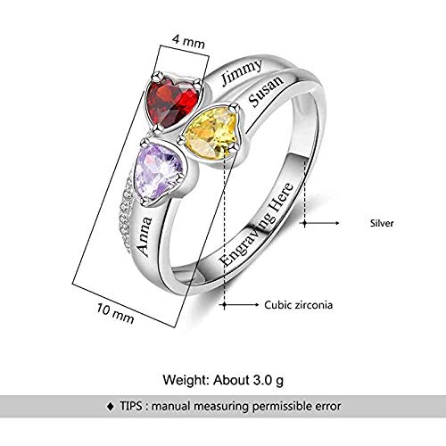 Anillo De Madre De Familia Personalizado con 3 Piedras Plata De Ley 925 Nombre Tallado Anillo De Amistad Cumpleaños Personalizado Graduación Fiesta De Navidad Ideas(Plata 18)