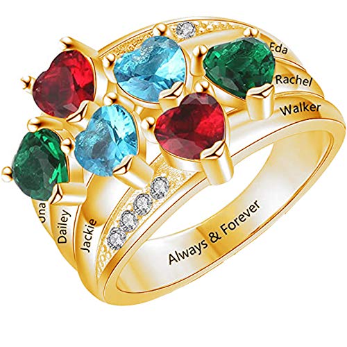 Anillo Familiar Personalizado Con Piedra Natal De Corazón De 1-6, Nombre Grabado Y Texto, Anillo De Plata Para Madre, Aniversario, Cumpleaños, Día De San Valentín(Oro-21)