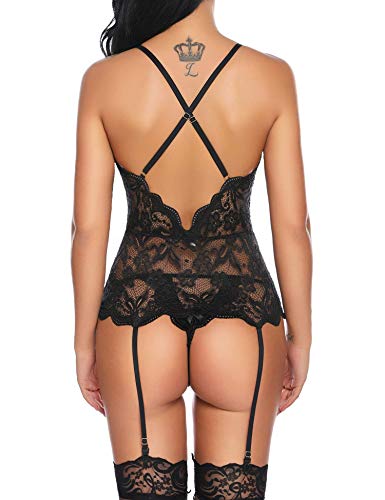 Aranmei Body de Encaje Mujer Conjunto de Lencería Sexy Back Correas Cruzadas Corset Ropa Interior de Cuello en V Profundo sin Medias (Negro, Medium)