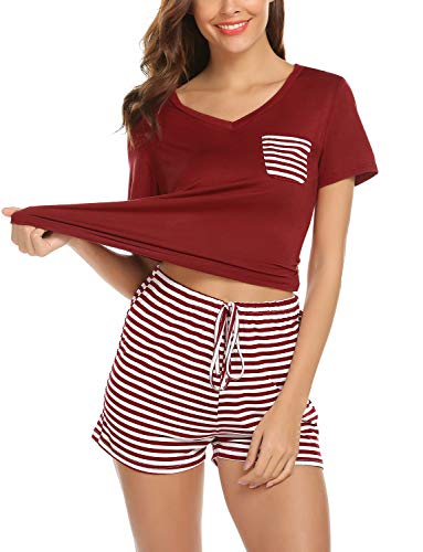 Aranmei Pijamas Mujer Verano Manga Corta 2 Piezas Ropa de Dormir Camiseta con Bolsillo y Pantalon a Rayas con Banda (Vino Rojo, Small)