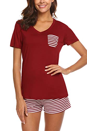 Aranmei Pijamas Mujer Verano Manga Corta 2 Piezas Ropa de Dormir Camiseta con Bolsillo y Pantalon a Rayas con Banda (Vino Rojo, Small)