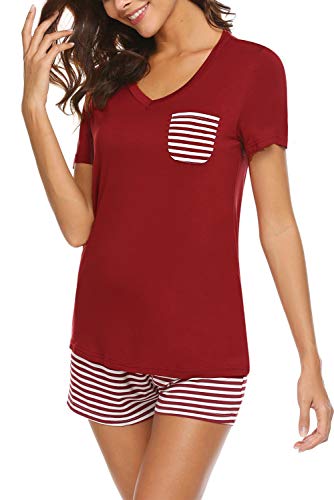 Aranmei Pijamas Mujer Verano Manga Corta 2 Piezas Ropa de Dormir Camiseta con Bolsillo y Pantalon a Rayas con Banda (Vino Rojo, Small)