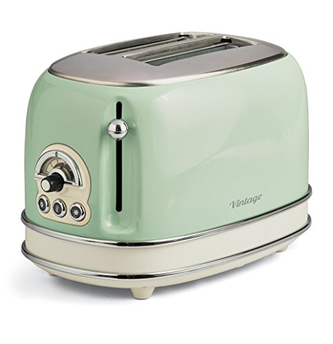 ARIETE 155/14 Tostador 2 ranuras anchas, vintage, 6 posiciones, función descongelar, recalentar, cancelar, paredes frías, pies antideslizante, recogecable, 810 W color verde/crema