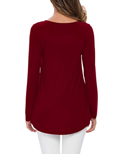 AUSELILY Camiseta de Manga Larga con Cuello en v para Mujer Túnica Tops Blusa Camisas.(EU 40-42,Vino Rojo)