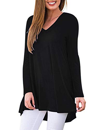 AUSELILY Camiseta de Manga Larga con Cuello en v para Mujer Túnica Tops Blusa Camisas.(EU 48-50,Negro)