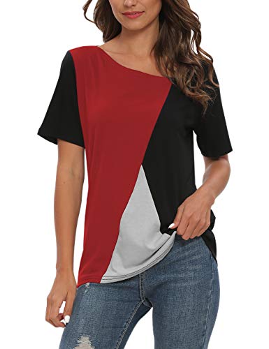 AUSELILY Camisetas de Manga Corta para Mujer Blusas Tops de túnica con Bloques de Color Patchwork.(Negro Rojo,46-48)