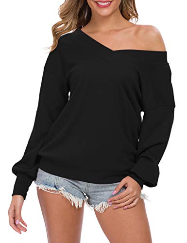 AUSELILY - Jersey de Punto para Mujer, Cuello en V, Manga Larga, Informal, sin Hombros. (Negro, 40-42)