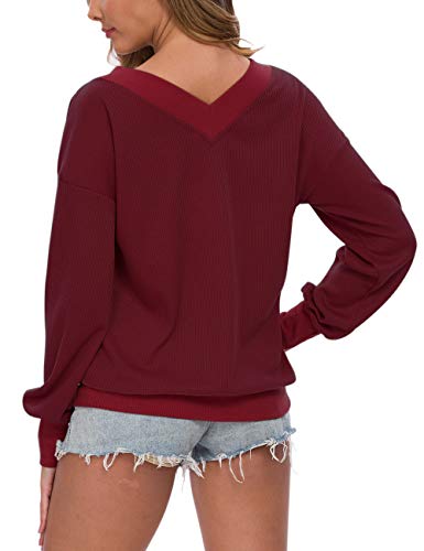 AUSELILY - Jersey de Punto para Mujer, Cuello en V, Manga Larga, Informal, sin Hombros.(EU 48-50,Rojo Vino)