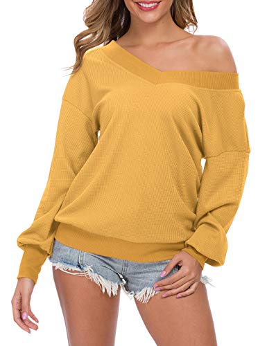 AUSELILY - Jersey de Punto para Mujer, Cuello en V, Manga Larga, Informal, sin Hombros.(EU 52,Amarillo)