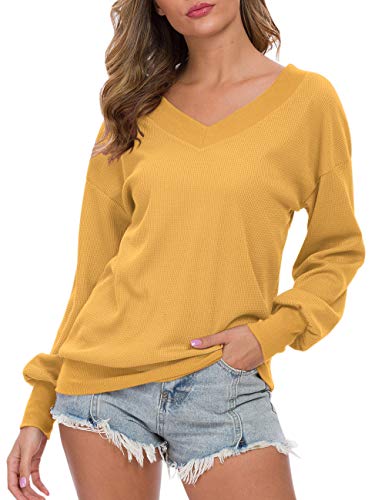 AUSELILY - Jersey de Punto para Mujer, Cuello en V, Manga Larga, Informal, sin Hombros.(EU 52,Amarillo)