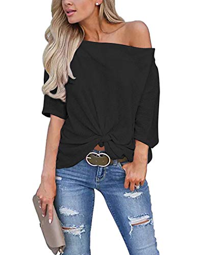 Auxo Mujer Blusas Tallas Grandes Jersey de Punto Media Manga Fuera del Hombro Tops Casual Elegante Suéter Color Sólido Sexy 03-Negro M