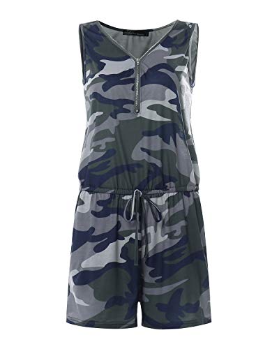 Auxo Mujer Monos Cortos Verano Camuflaje Slim Zip Cuello V Sin Mangas Bodysuit Jumpsuit Mono Casual Playa Shorts Playsuit 04x-Camuflaje S