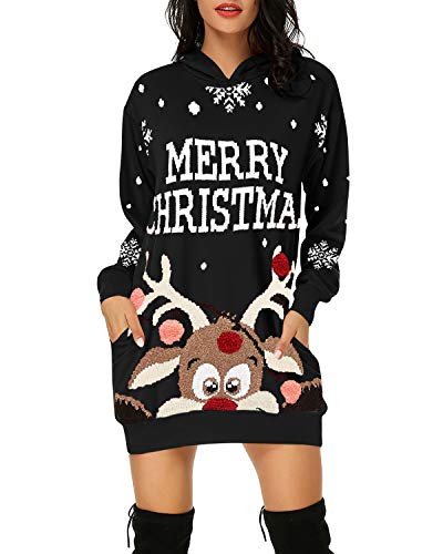 Auxo Mujer Sudaderas con Capucha Largas Tallas Grandes Vestidos Sudadera Hoodie Navidad Manga Larga Casual Jersey 07-Negro Nieve Alce S