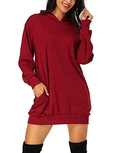 Auxo Sudaderas con Capucha para Mujer Largas Tallas Grandes Jersey Manga Larga Casual Vestidos Sudadera Invierno Hoodie Rojo Vino M