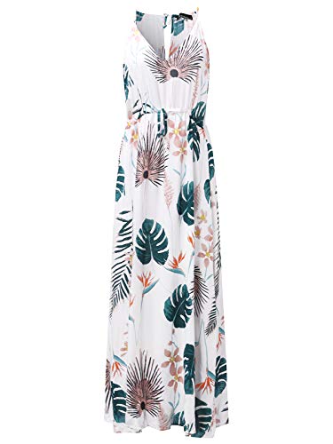 Auxo Vestido Largo Verano Mujer Impresión Floral Vestidos Bohemios Sin Mangas Cuello V Vestido Playa Largo Tirantes Blanco1 L