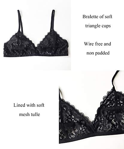 Awake Lingerie Selected Soft Lace Bralette Encaje y Bragas, Sexy Sujetador Transparente sin Aro sin Relleno, Conjunto de Lencería Mujer (Small, Negro)