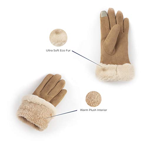 axelens Guantes Mujer Pantalla Táctil de Gamuza con Afelpado Interno Elegantes con Puños de Piel Suave Ecológica, Niñas, Chicas - Talla S/M - Marron Claro/Beige