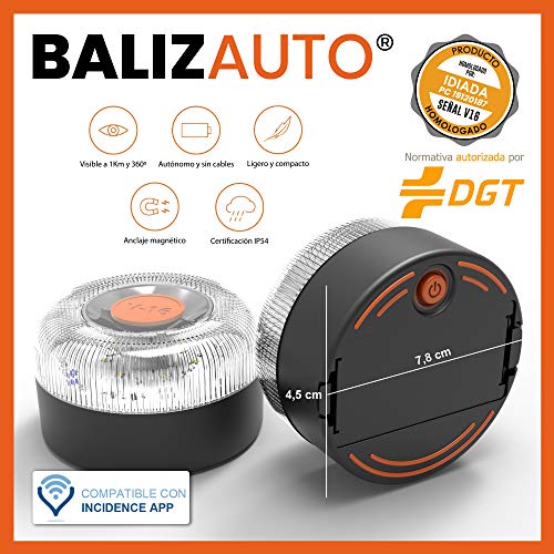 BALIZAUTO PK2834 luz Emergencia AUTÓNOMA, señal v16 preseñalización Peligro, DGT, Base imantada, Hecho en España, y Regalo Chaleco Reflectante HOMOLOGADO, Negro