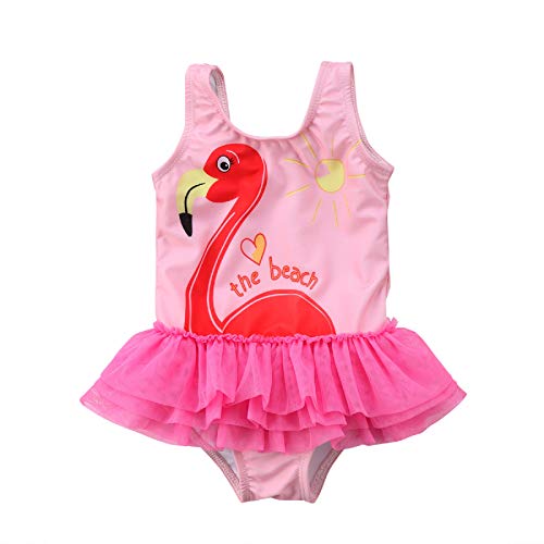 Bañador de Bebé Niña Traje de Baño para Niñas Pequeñas Bikini de Una Pieza con Falda Volante de Tul y Estampado de Flamenco Ropa Baño Playa de Chicas para Vacaciones Viaje (Rosa, 5-6 Años)