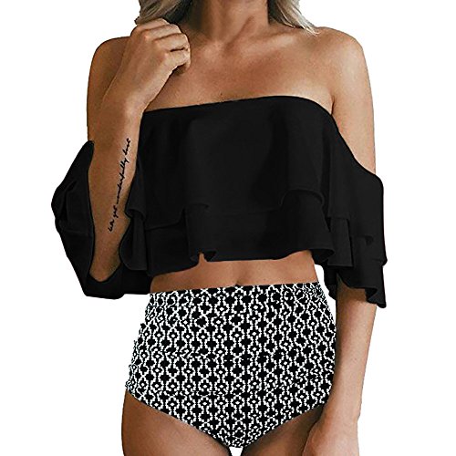 Bañadores Mujer Subfamily,Mujeres Bikinis de Cintura Alta Traje de baño Bikini Retro Estilo Playero Femenino Bikinis Bikini de Traje de baño de Viento Nacional Swives con Estampado (XL, Negro-2)