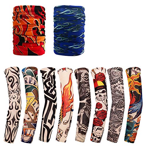 Baozun Mangas Tatuadas, 8 PC Tatuajes Temporales Brazo con 2 PC Diadema Protector Solar Tatuaje Brazo Medias Tatuaje Stocking Arm for Carnival Party