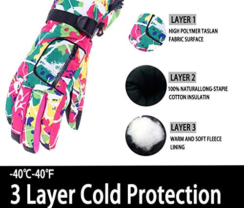 Barrageon Guantes de Esquí Mujer, Guantes A Prueba de Viento Impermeable Térmico, Guantes de Invierno Al Aire Libre Colorido Cálida, para Snowboard Esquí Motonieve Bola de Nieve Rosa