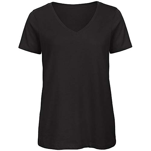 B&C - Camiseta de algodón orgánico Manga Corta con Cuello en v Modelo Favourite para Mujer (Mediana (M)) (Negro)