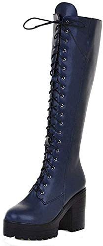 BeiaMina Mujer Moda Botas altas Tacon Ancho Lace Up botas rodillas Tacones Altos Invierno Botas altas Chunky Tacon Blue Tamaño 34