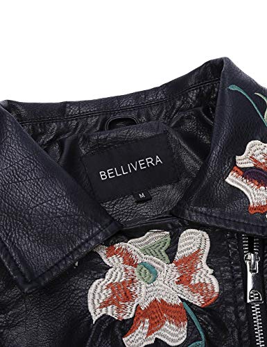 Bellivera Chaqueta Corta de Piel sintética Bordado para Mujer Negro XL