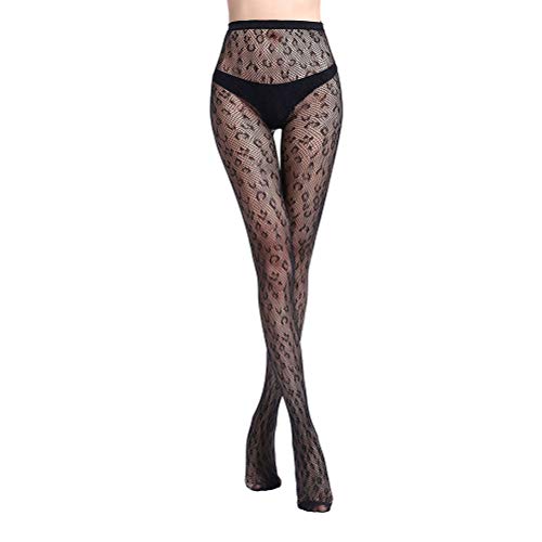 BESTOYARD Medias de Las Mujeres del Tatuaje de Jacquard con Encaje elástico Top Liguero Pantimedias Bottom Romper Fishnet Jacquard Medias (patrón de Leopardo Negro)