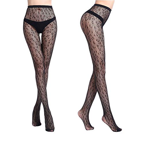 BESTOYARD Medias de Las Mujeres del Tatuaje de Jacquard con Encaje elástico Top Liguero Pantimedias Bottom Romper Fishnet Jacquard Medias (patrón de Leopardo Negro)