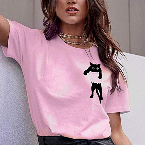 BHYDRY Camiseta con Estampado de Gatos para Mujer Blusa de Manga Corta Suelta Casual Tops sin Mangas