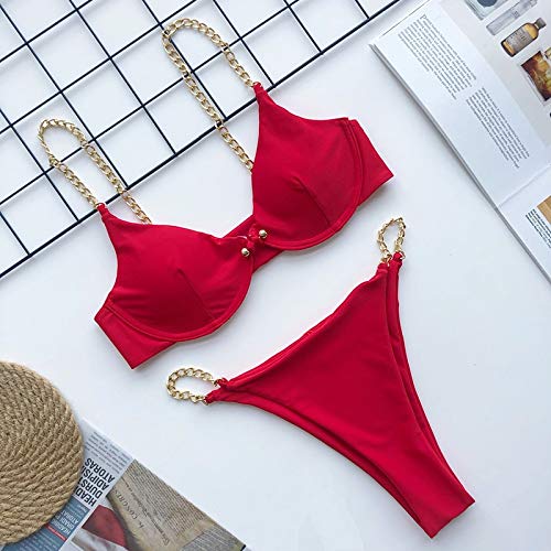 Bikini Bikini De Cadena Sexy Traje De Baño De Color Sólido Conjunto De Bikini De Mujer Push Up Traje De Baño Pin Hebilla Traje De Baño Biquinis S Red